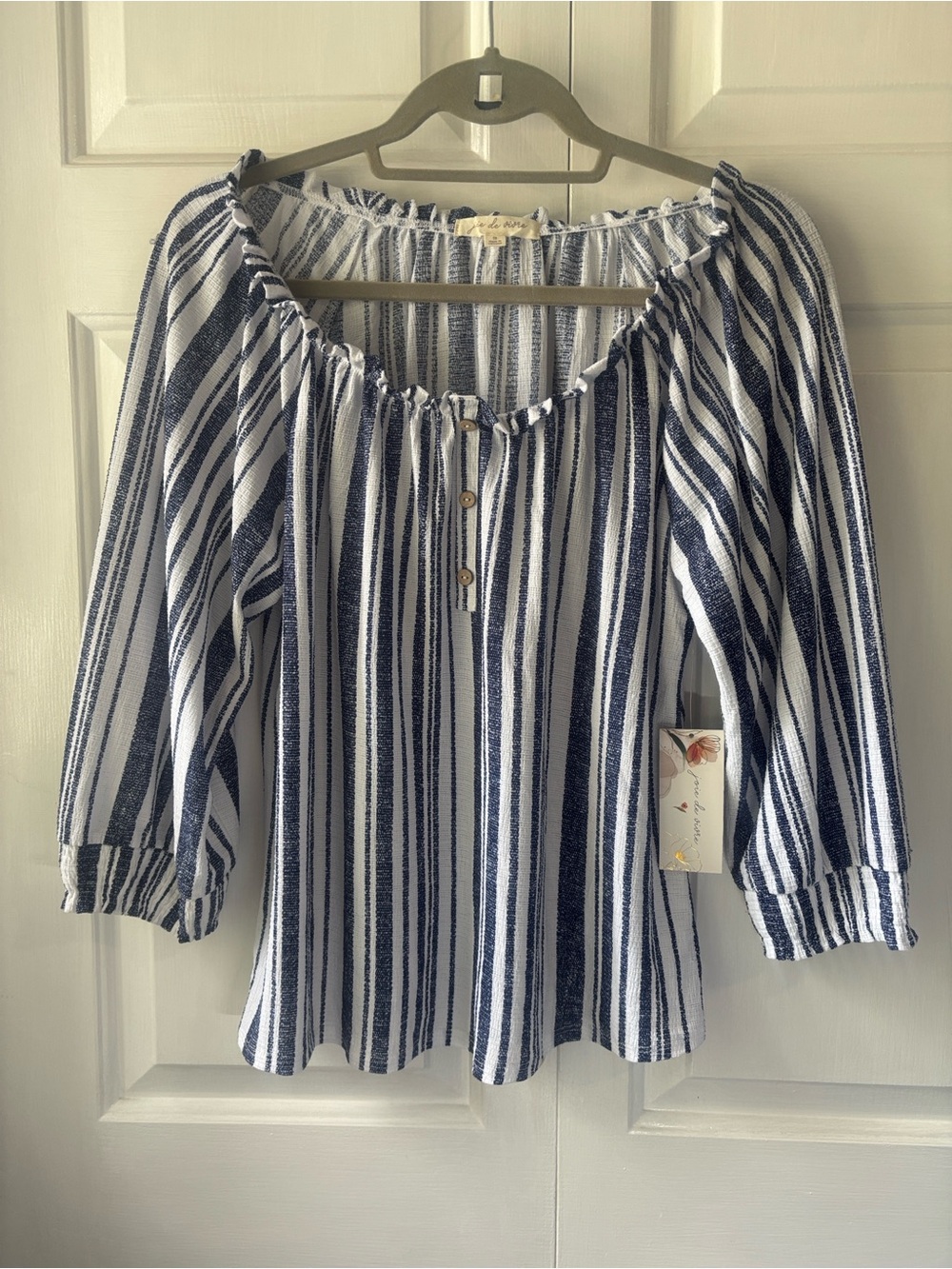 Joie de Vivre Striped Off-Shoulder Peasant Top - Navy and White. Size S